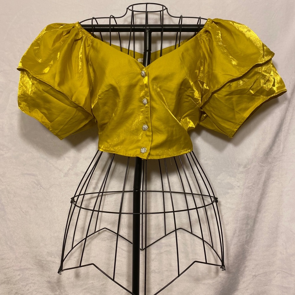 Yellow button-down off the shoulder top